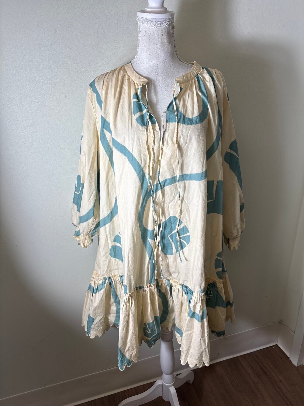 Agua Bendita Teal and Cream Colonial Geometria Dress Sz L